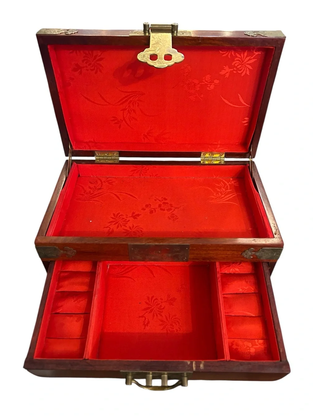 Vintage Chinese Rosewood Decorative Wooden Jewelry Box  Brass Hardware  Hongmu